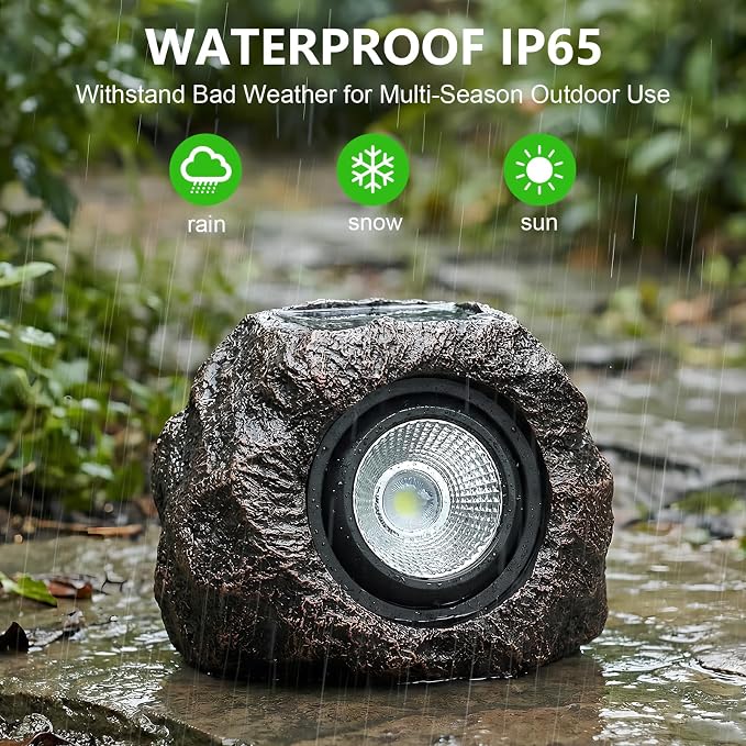 Solar Rock Lights Outdoor, IP65 Waterproof LED Solar Spotlights, Realistic Stone Garden Lights with Adjustable Angle & Auto On/Off, Solar Landscape Pathway Lights for Yard, Walkway, Patio (2 Pack)