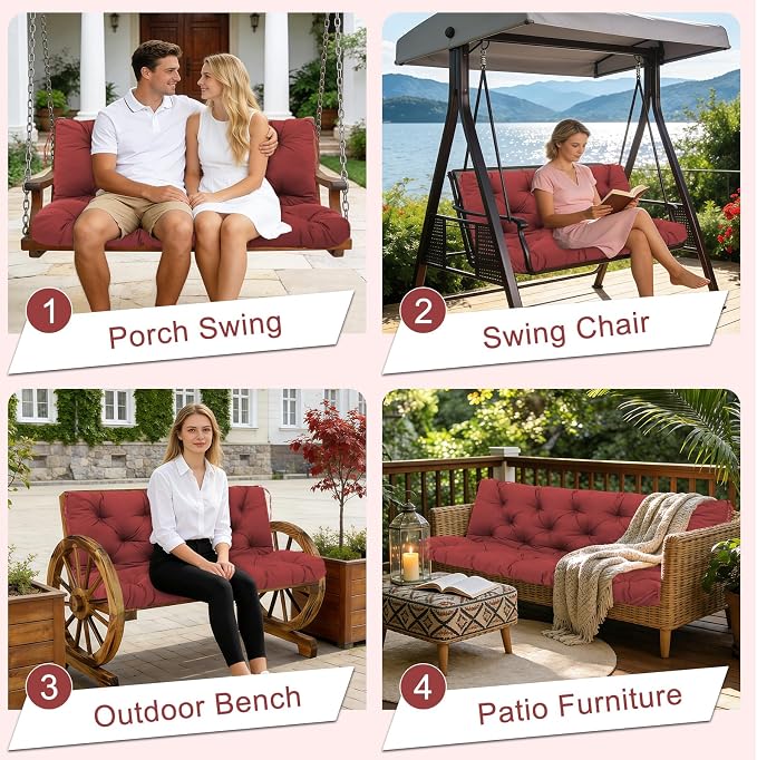 Porch Swing Cushions 70 inch Waterproof & Fade Resistant Thicken 5" Outdoor Swing Cushions 3 Seater Replacement with Backrest & Ties Patio Swing Cushions for Outdoor Furniture (Wine Red)