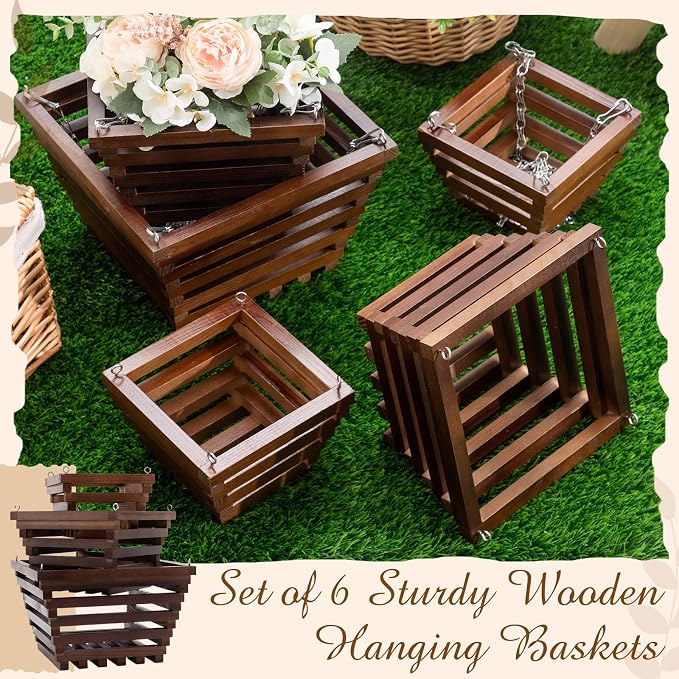 SiliFine 5 Pcs Wooden Orchid Hanging Basket with Hangers Pine Rustic Vanda Baskets Square Handmade Orchid Pots for Indoors Outdoors Garden Staghorn Ferns Mount Plants Flowers (6inch,8inch,10inch)