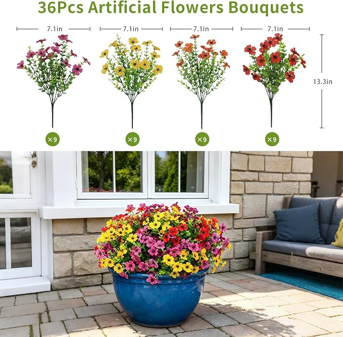 36 Bundles Artificial Flowers for Outdoors, UV Resistant Fake Plants Decor | Faux Silk Daisy Mums for Outside Planters, Porch, Patio, Window Box, Garden and Farmhouse