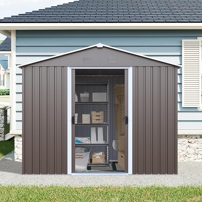 8x4 FT Outdoor Metal Storage Shed with Window, Galvanized Steel Garden Shed, Lockable Sliding Door, Sloped Roof, Ventilated Tool Storage House with Foundation Kit for Backyard Lawn, Gray