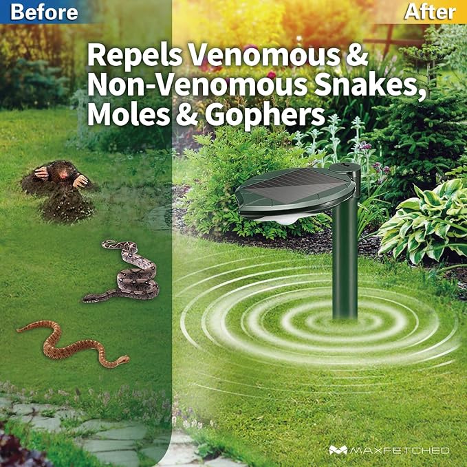 Ultrasonic Snake Repellent for Yard Solar-Powered, 2 Pack | Also Repels Moles, Voles, Gophers. 14.5" Deep-Stakes Drive, Oversized Solar Panel, LED light, Waterproof, Pet Safe
