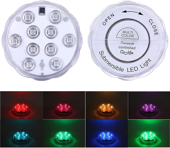 Qoolife Submersible LED Lights Remote Control, RGB Multi Color Changing Waterproof Light for Pool, Vase Base, Spa, Aquarium, Pond, Hot Tub, Decoration, Party, 2-Pack