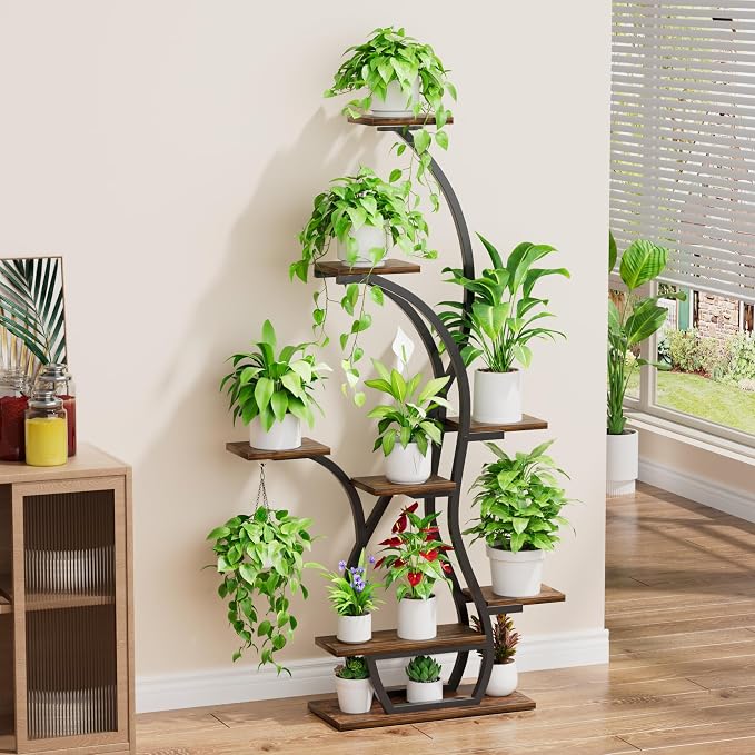EVAWOO Plant Stand Indoor with Grow Lights - 8 Tiered Corner Plant Shelf Indoor, 65" Tall Lighted Plant Holder for House, Black