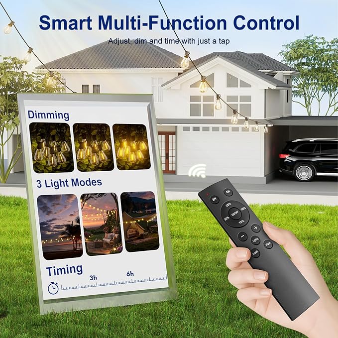 Outdoor String Lights 50FT with 18+1 Shatterproof LED Bulbs, Remote Control Dimmable Patio Lights, Waterproof Hanging Edison Light for Backyard Garden Pergola, Timer & 3 Modes