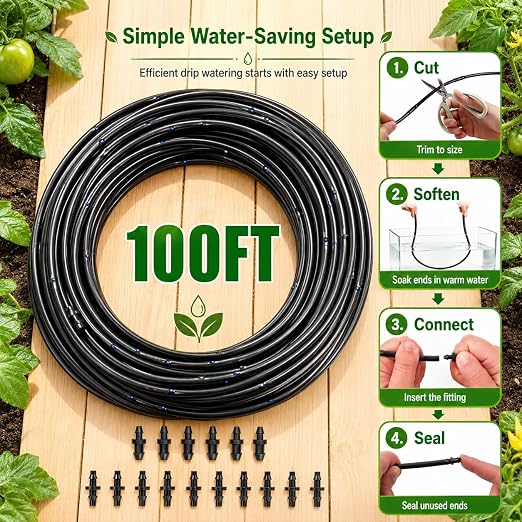 1/4 Drip Irrigation Tubing 100FT, Dripline Tubing with 6 Inch Emitter Spacing, Built-in 0.5 GPH Drippers, 1/4 Irrigation Tubing Drip Line with Fittings and End Plugs for Raised Beds, Garden Rows