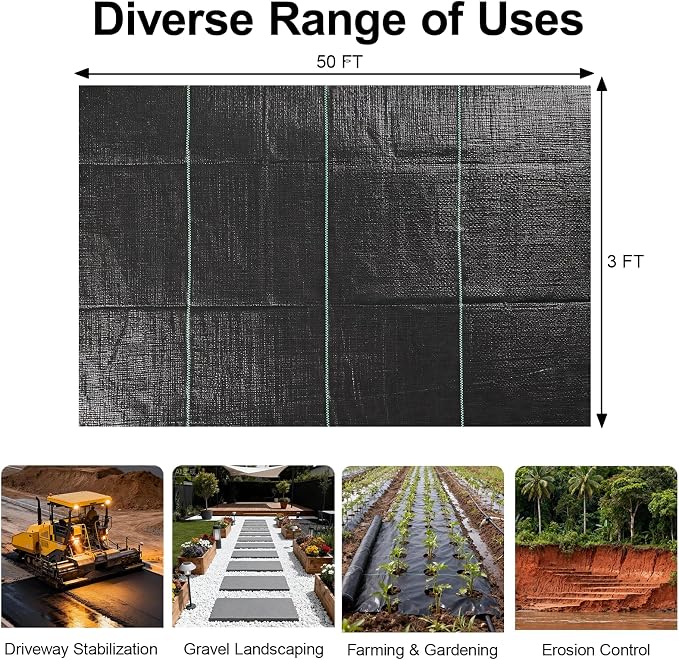 Weed Barrier Landscape Fabric 3FT x 100FT - 3.2oz Heavy Duty Weed Control Mat, High Permeability Woven Geotextile Fabric for Driveway, Gravel, Yard Ground Cover, Greenhouse Gardening (Black-3x100FT)