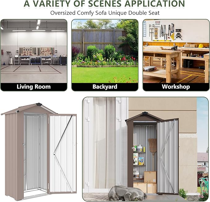 YOPTO 2.5x1.4 FT Outdoor Storage Shed, Tool Shed with Waterproof Roof and Lockable Door,Metal Shed with Adjustable Open Shelves for Backyard Garden Patio Lawn,Brown