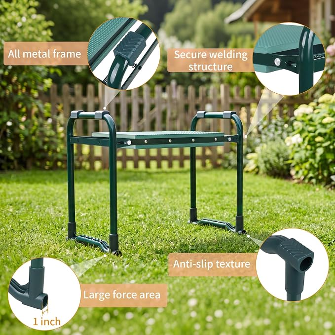 Garden Kneeler and Seat, Foldable Garden Stool with Handles, Heavy Duty All Metal Frame, Gardening Kneeling Bench Workseat w/Tool Pouch for Women Men Seniors, Weeding&Planting, Gardening Gift