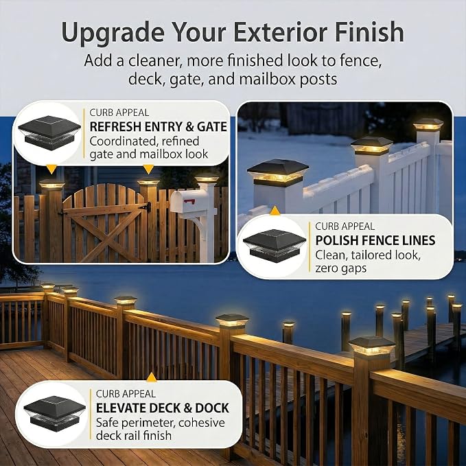 T-SUN 12 Pack Solar Post Cap Lights 4x4 5x5 6x6, Outdoor Waterproof Solar Deck & Fence Post Lights, Warm White/Cool White for Wood & Vinyl Posts, Fence, Deck, Gate & Porch