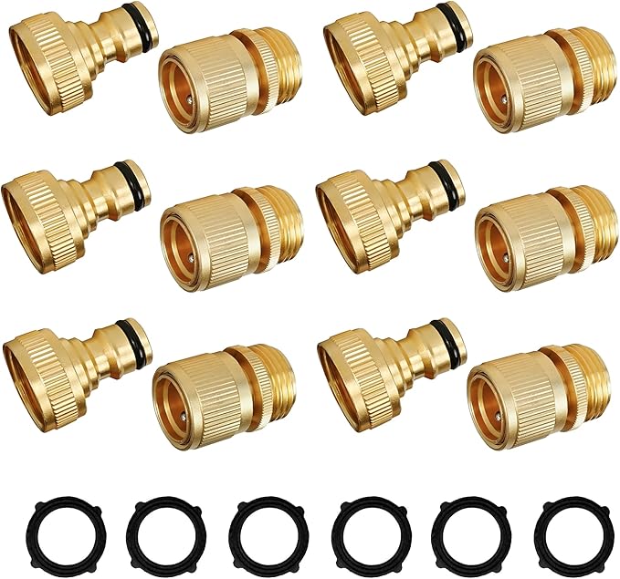Hourleey Garden Hose Quick Connect, 6 Set Solid Brass 3/4 Inch GHT Thread Garden Hose Quick Connect Fittings, No-Leak Male and Female Water Hose Quick Release Connectors