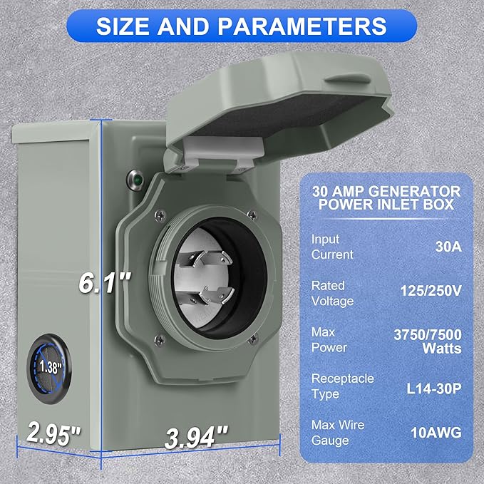 30 Amp Generator Inlet Box, NEMA L14-30P Power Inlet Box for 4-Prong Generator Cord, 125/250V 7500W Weatherproof Outdoor Box with Pre-Drilling Design & Green LED Indicator, ETL Listed