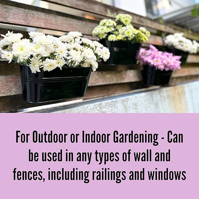 LaLaGreen Outdoor Plants Rail Planter (11.2 Inch, 5 Pack) Black Metal Iron Hanging Flower Pots Deck Railings Fence Buckets Modern Boho Style Wall Mount Window Box Plant Holder Hooks Porch Home Decor