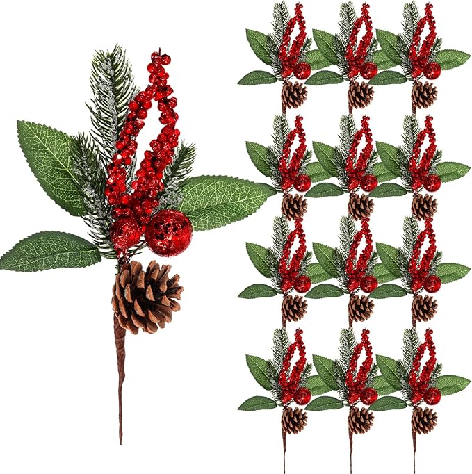 Boao 12 Pieces Glittery Pine Snowy Flower Picks Artificial Holly Red Berry Pine Cone Picks Fake Berries Pine Cones for Christmas Crafts Party Festive Home Decor (Glitter Sequins Style, 11 Inch)