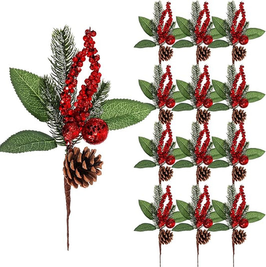 Boao 12 Pieces Glittery Pine Snowy Flower Picks Artificial Holly Red Berry Pine Cone Picks Fake Berries Pine Cones for Christmas Crafts Party Festive Home Decor (Glitter Sequins Style, 11 Inch)