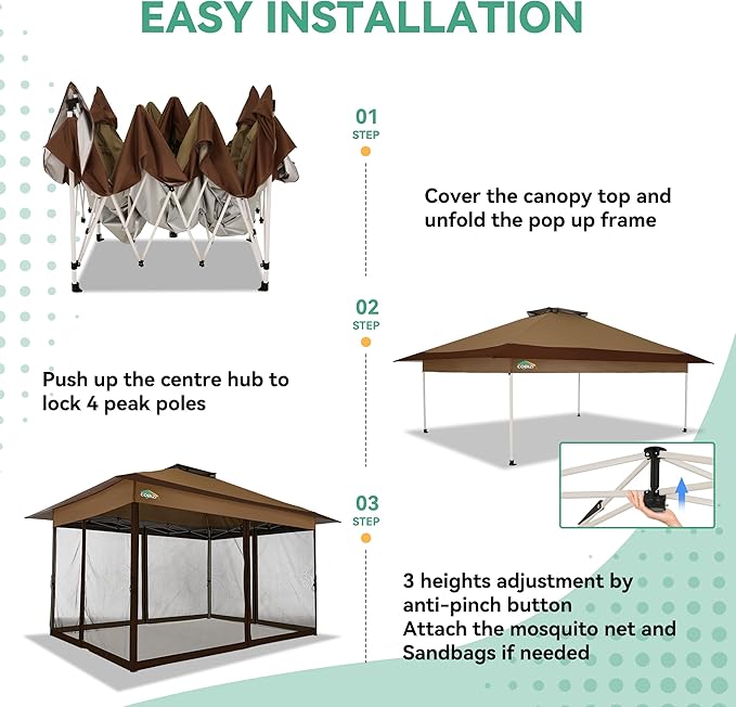 COBIZI 12x12 FT Pop up Gazebo on Clearance Canopy Tent, Carpas para Patio, Easy up Outdoor Canopy Tents with Portable Storage Bag for Backyard, Outdoor Waterproof Gazebos for Garden,Camping, Brown