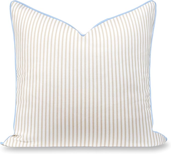 Hofdeco Premium Coastal Hampton Patio Indoor Outdoor Throw Pillow Cover Only, 20"x20" Water Repellent for Backyard, Couch, Poolside, Neutral Tan Blue Print Stripes