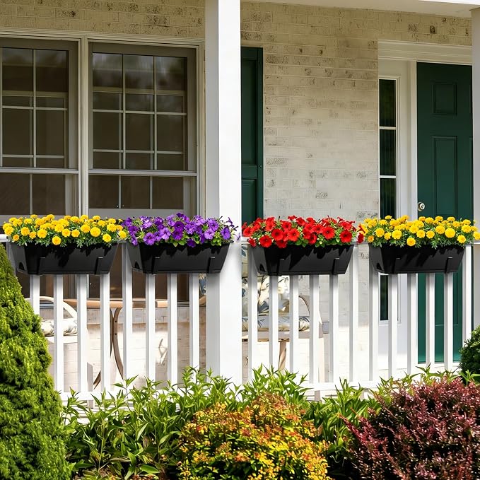 6 Pack Deck Railing Planter Boxes Black Window Boxes Planter Boxes with Adjustable Brackets, Outdoor Garden Fence Planters with Drainage Holes for Flowers, Herbs, Strawberry