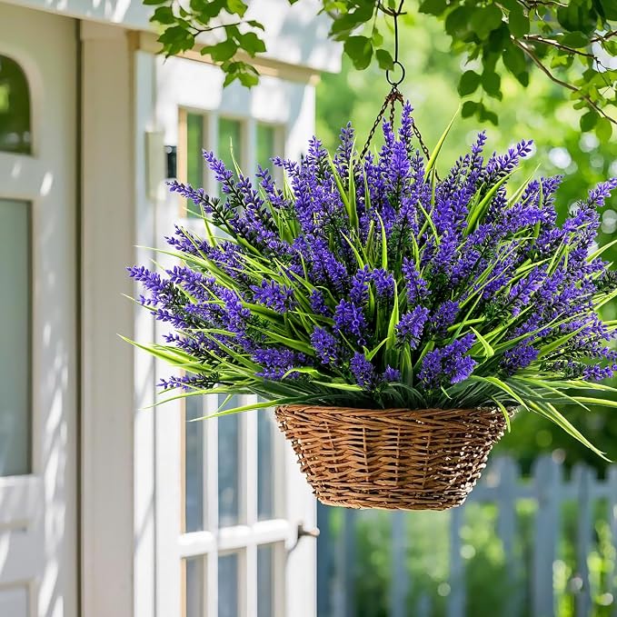 Geegoods Artificial Plants Flowers Outdoor – 48 Bundles UV Resistant Faux Lavender Flowers with Monkey Grass for Garden Porch Window Patio Hanging Planter Decor