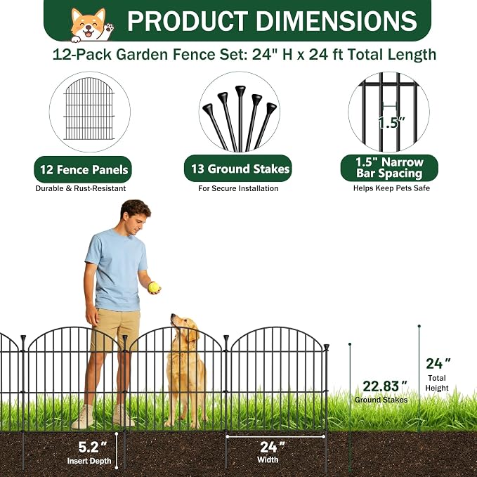 12 Pack No Dig Decorative Garden Fence Panels, 24in(H) x 24ft(L), Dog Fence Outdoor for Yard, Rustproof Metal Animal Barrier for Rabbits & Flowers, Temporary Fencing for Patio, RV