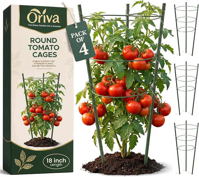 Oriva 4 Pack Round Tomato Cages for Garden,18 inches Small Metal Tomato Cages with Adjustable Rings,Tomato Trellis and Plant Support for Raised Garden Beds, Pots and Climbing Vegetables