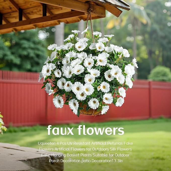 Artificial Flowers for Outdoor Window Box & Porch Decor, UV Resistant Faux Hanging Morning Glory Flowers for Patio, Balcony Cottage Garden Realistic Outdoor Floral 13.3" No Pot (White) 8PCS