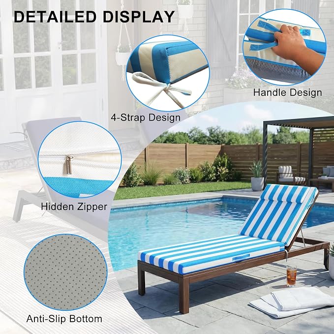 Outdoor Chaise Lounge Cushions, 72x21 Inch Olefin Water & Fade Resistant Pool Lounge Chair Cushions, Patio Sun Lounger Pad with Pillow & Straps for Patio, Pool, Deck, Lawn, Blue White Stripes