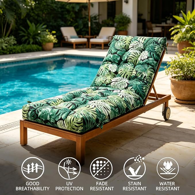 Patio Chaise Lounge Cushions, 68"x21"x4.5" Waterproof Replacement Beach Pool Lawn Outdoor Lounge Chair Cushion with Pocket, Non-Slip Bottom & Secure Ties for Outdoor Furniture, Monstera