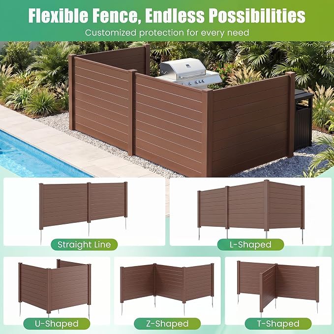 HAPPYGRILL Air Conditioner Fence, 3 Panels Outdoor Privacy Screen with Metal Stakes, No Dig Pool Equipment Enclosure, 48" x 38" Trash Can Screen Fence Kit for Outside Backyard, Brown