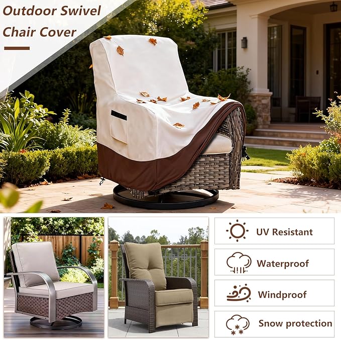 Waterproof Outdoor Swivel Chair Cover,600D Heavy Duty Waterproof Patio Chair Covers,Outdoor Furniture Covers for Lawn/Garden Swivel Chiar,(32" W x 32" D x 36",Beige&Brown)