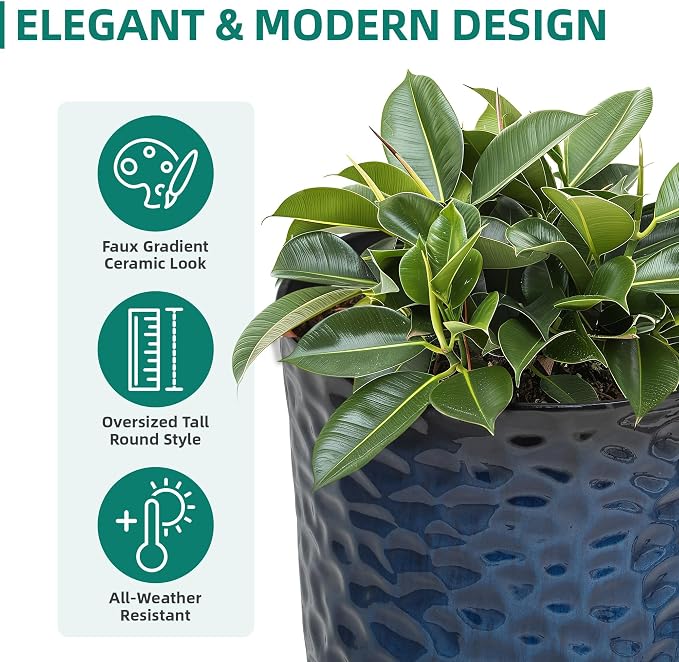 23.75" H Large Tall Outdoor Planters, Set of 2 Plastic Large Flower Pots for Outdoor Plants, Gradient Cobalt Blue Honeycomb Textured, Weather-Resistant for Porch, Garden, Patio or Indoor Use