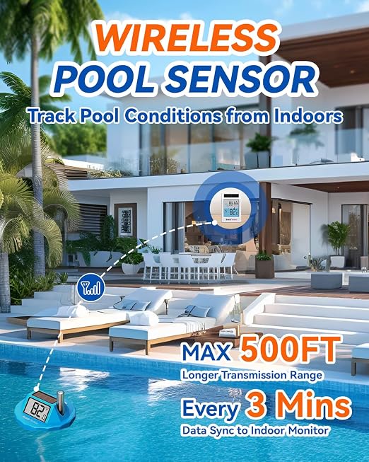 BALDR Wireless Pool Thermometer Floating Easy Read, 2026 Upgrade Solar Powered Water Temperature Gauge with Indoor Monitor, IPX8 Waterproof 500FT Range for Pools,Hot Tubs,Spas, Baths, Aquariums