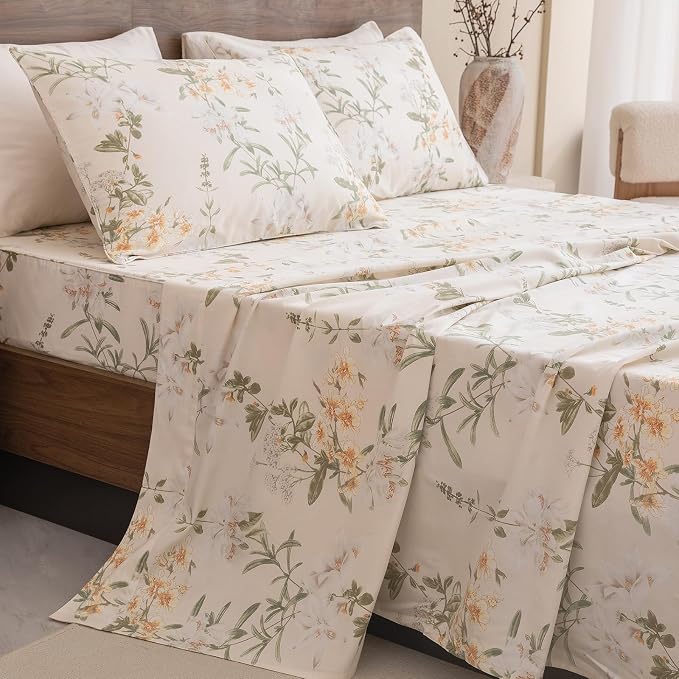 QSH Floral Queen Size Sheet Sets - 100% Egyptian Cotton Sheets Elegant Yellow Green Leaves Pattern Printed Bedding Sheets Queen Size Bed Extra Soft and Breathable 4pcs Deep Pockets Bed Sheets