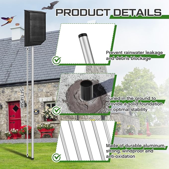 Yaocom 15 FT Telescoping Purple Martin House Pole,Aluminum Bat House Kit with Ground Socket, Adjustable Heavy Duty 5-Section Round Pole, Purple Martin Bird Accessories for Outdoors (Silver)