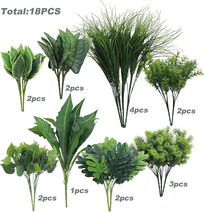 Green Moon 18 Bundles Artificial Plants Outdoor, Faux Bushes Plastic Fake Greenery Stems Shrubs UV Resistant for Indoor Outside Hanging Plants Front Porch Home Garden Window Box Spring Summer Decor