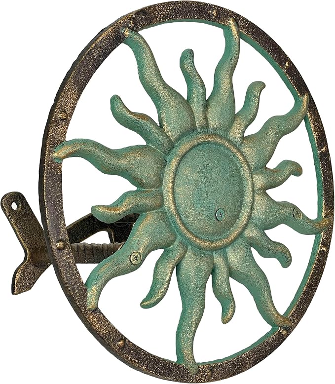 Zeckos Decorative Sun Cast Iron Hose Holder Verdigris & Bronze Finish, 11.5 in Heavy Duty Wall Mount Hose Reel, Outdoor Garden Storage Rack for Patio, Lawn, Yard, Weather Resistant, Hardware Included