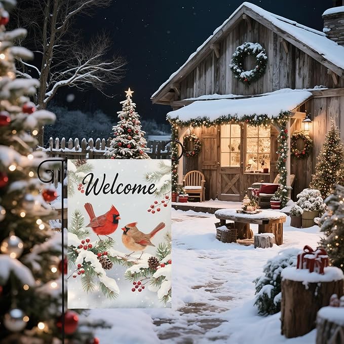Winter Cardinal Garden Flag 12x18 Inch Snow Scene Bird Welcome Christmas Holiday Seasonal Decorative Yard Flags for Outside Double Sided Outdoor Home Farmhouse Decoration Porch New Year Decor