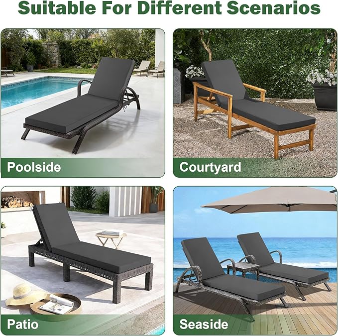Chaise Lounge Cushions Outdoor, 80x 26x 3 Inch Waterproof & Fade-Resistant Lounge Chair Cushion, Outdoor Chaise Cushion with Removable Cover & Ties for Lawn, Patio, Pool & Beach, Dark Grey