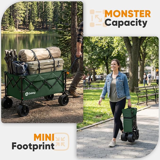 Sekey 150L Wagons Carts Foldable with Big All-Terrian Beach Wheels, Collapsible Heavy Duty Wagon, Extra Large Folding Wagon, Foldable Wagon for Camping, Garden, Sports. Dark Green