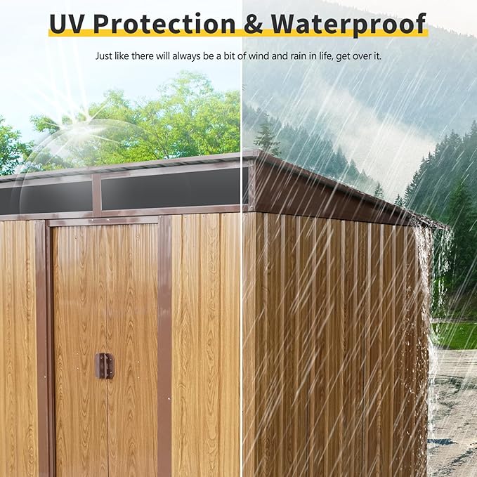 6FT x 5FT Outdoor Storage Shed, Heavy Duty Galvanized Steel Garden Shed with Sloped Roof, Sliding Lockable Doors, Punched Vents & Foundation Kit, Weather Resistant Tool Shed for Backyard, Coffee