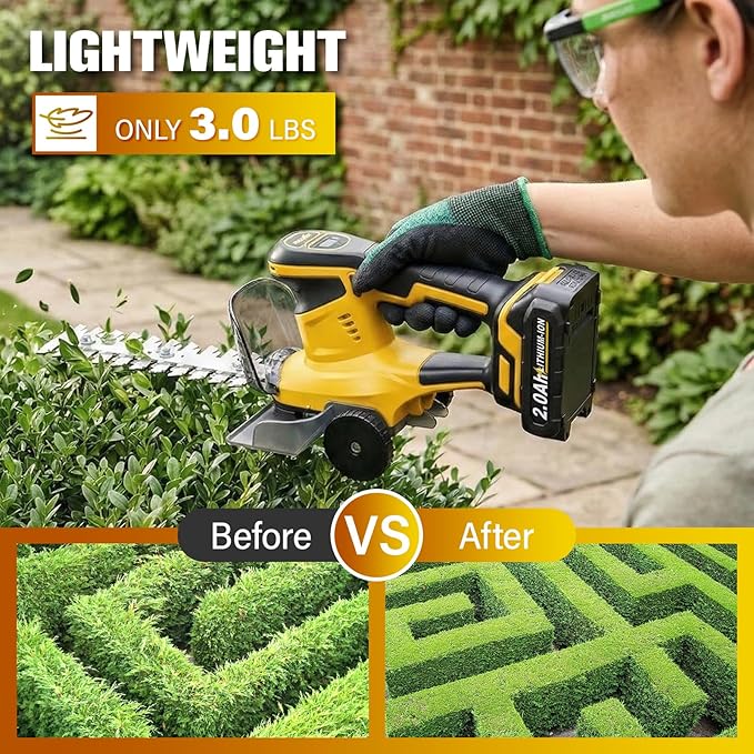 FULLYEA Cordless Hedge Trimmer, 2-in-1 Electric Shrub Trimmer & Grass Shear, Lightweight Bush Trimmer with 2 Blades & 2*2.0Ah Batteries, Handheld Grass Trimmer, Battery Powered Hedge Cutter (Yellow)
