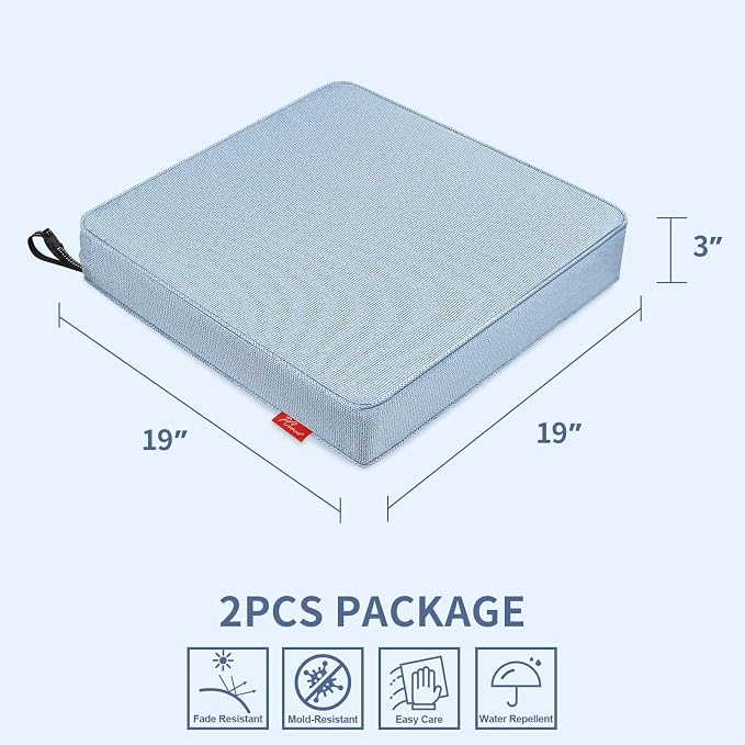 Patio Chair Cushions 19x19 Inch, Water Repellent Outdoor Seat Cushions with Adjustable Straps, Fade Resistant Replacement Cushions for Garden Deck Sofa Couch, Set of 2, Light Blue