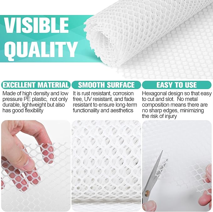 Plastic Mesh Fence Sheet 15.7IN x 10FT - 0.3IN Opening Plastic Chicken Wire Netting Roll Durable for Dogs, Poultry, Puppy, Garden Snake Barrier with 50 Pcs Zip Ties - White