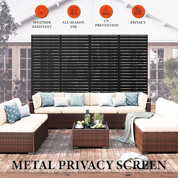 Privacy Screen Outdoor Metal Fence Panel, 72" H x 47" W Freestanding Decorative Privacy Fence for Patio, Deck, Balcony, Backyard, Garden with Stable Base