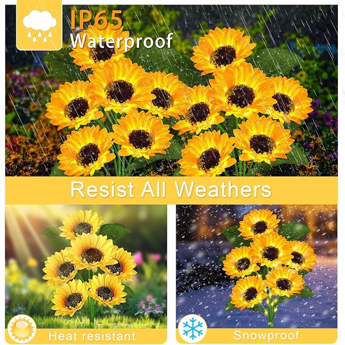 VOOKRY Solar Lights Outdoor, 4 Pack with 24 Sunflower Lights, Waterproof Solar Flowers Garden Decor, Birthday Gifts for Mom Women Grandma, Sunflowers Yard Decoration for Lawn Backyard Patio Flowerbed