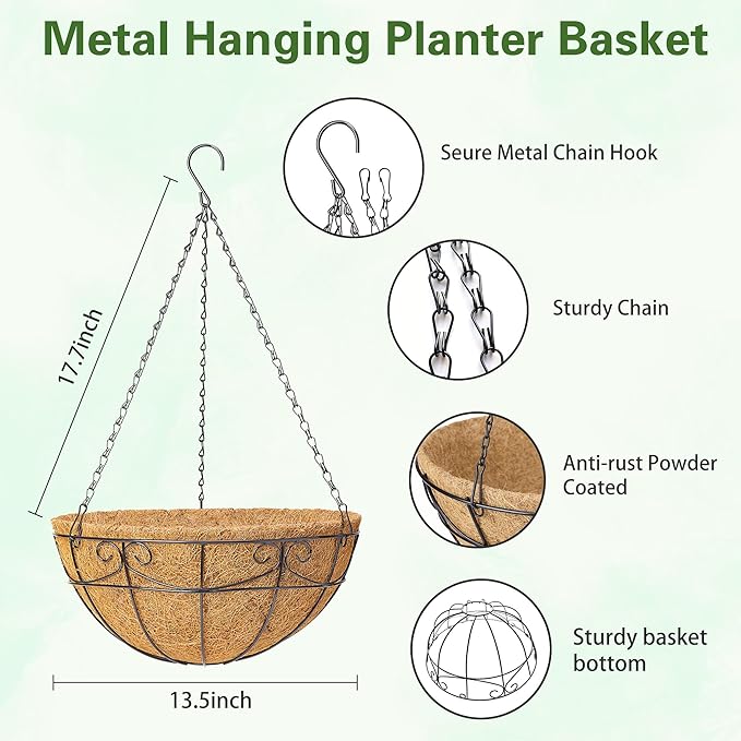 3 Pack 13.5 Inch Hanging Baskets for Plants Outdoor - Metal Hanging Planters for Outdoor Plants with Coco Liners - Heavy Duty Empty Hanging Flower Pots for Porch Patio Garden