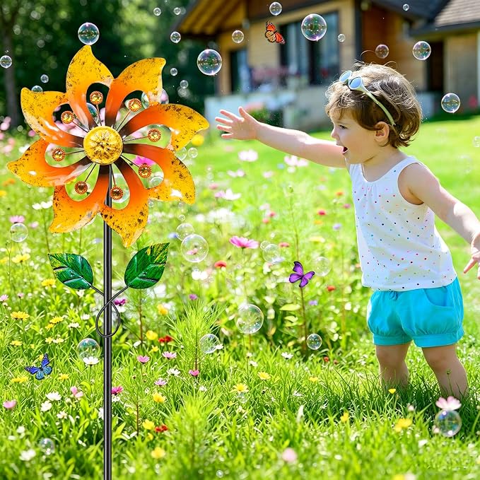 2pcs Metal Wind Spinners Outdoor with Stake for Yard Lawn Garden | 36.8in Wind Sculpture Spinner with Metal Stake, Waterproof Spinners Green Kinetic Wind Spinner for Yard Lawn Decor (Yeloow)