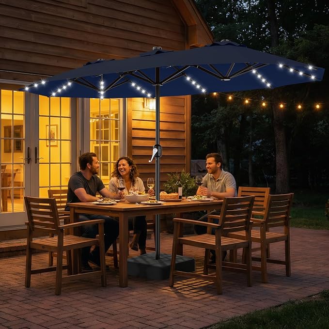 AreShark 13 FT Patio Umbrella with Solar Lights, Double-Sided Outdoor Table Umbrellas with Crank, Large Rectangular Market Umbrella for Porch, Lawn, Pool, Backyard, Navy
