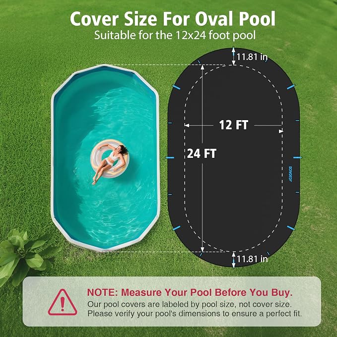 12x24ft Oval Pool Cover, Ratchet Tie Down Strap, 420D Oxford Fabric for All Season Use - Tear Resistant, UV & Dust Proof