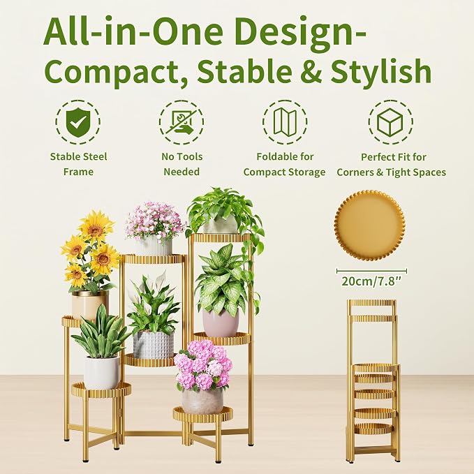 7 Tier Large Tiered Plant Stand Indoor, 7.9 Inch Wide Tall Corner Metal Plant Stands Outdoor for Multiple Plants, Flodable Tall Flower Display Holder Rack Shelf for Patio Balcony House -GoldFloroma